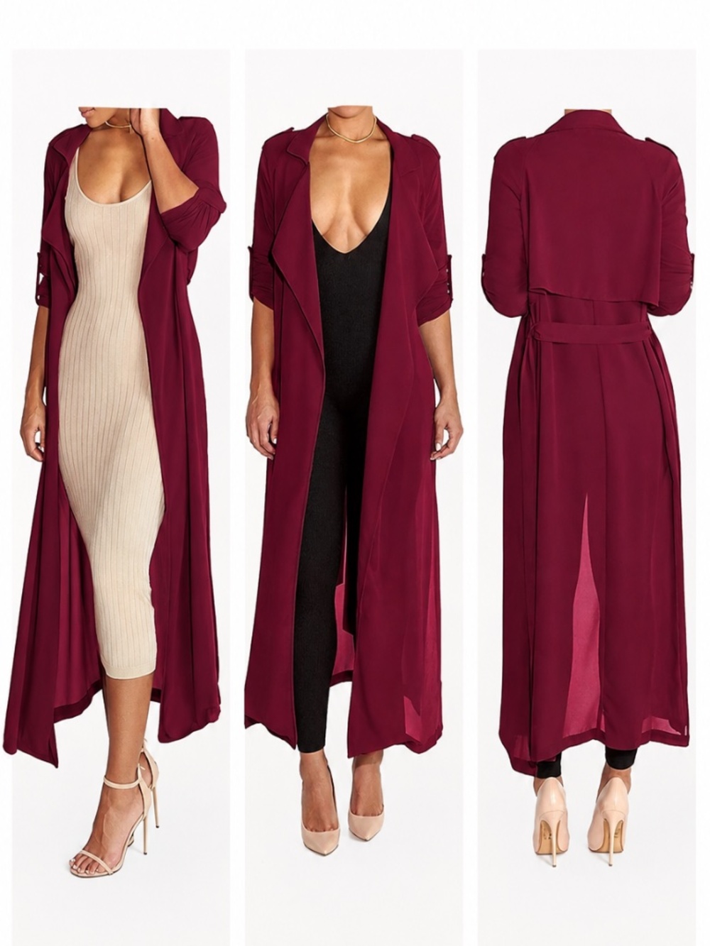 Sheer Burgundy Belted Trench Duster Jacket Size S